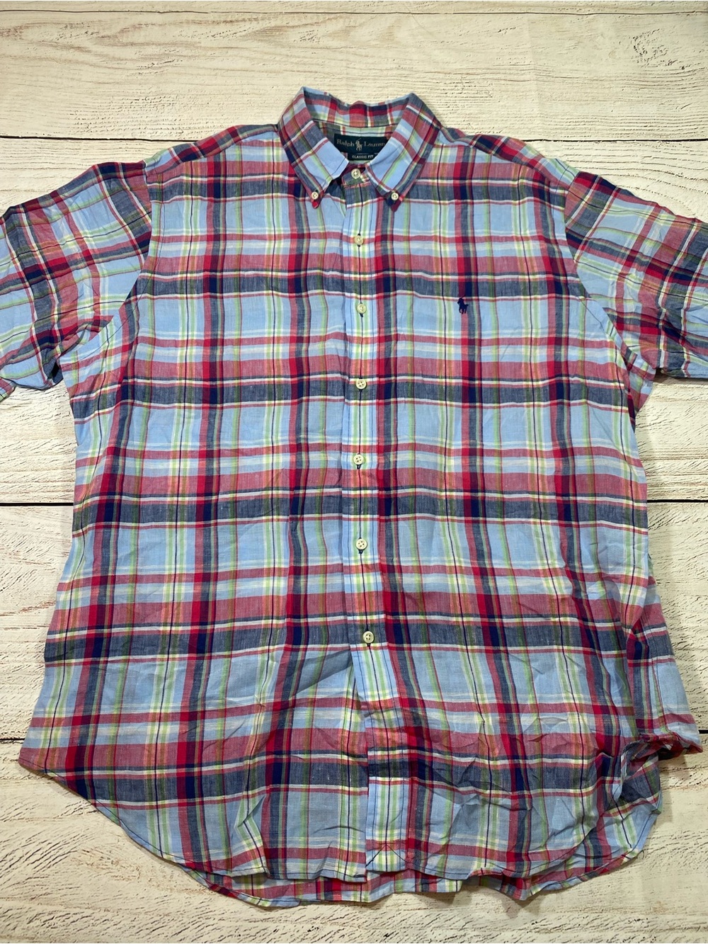 Ralph Lauren Linen Plaid Button-Down Short Sleeve Shirt XL
